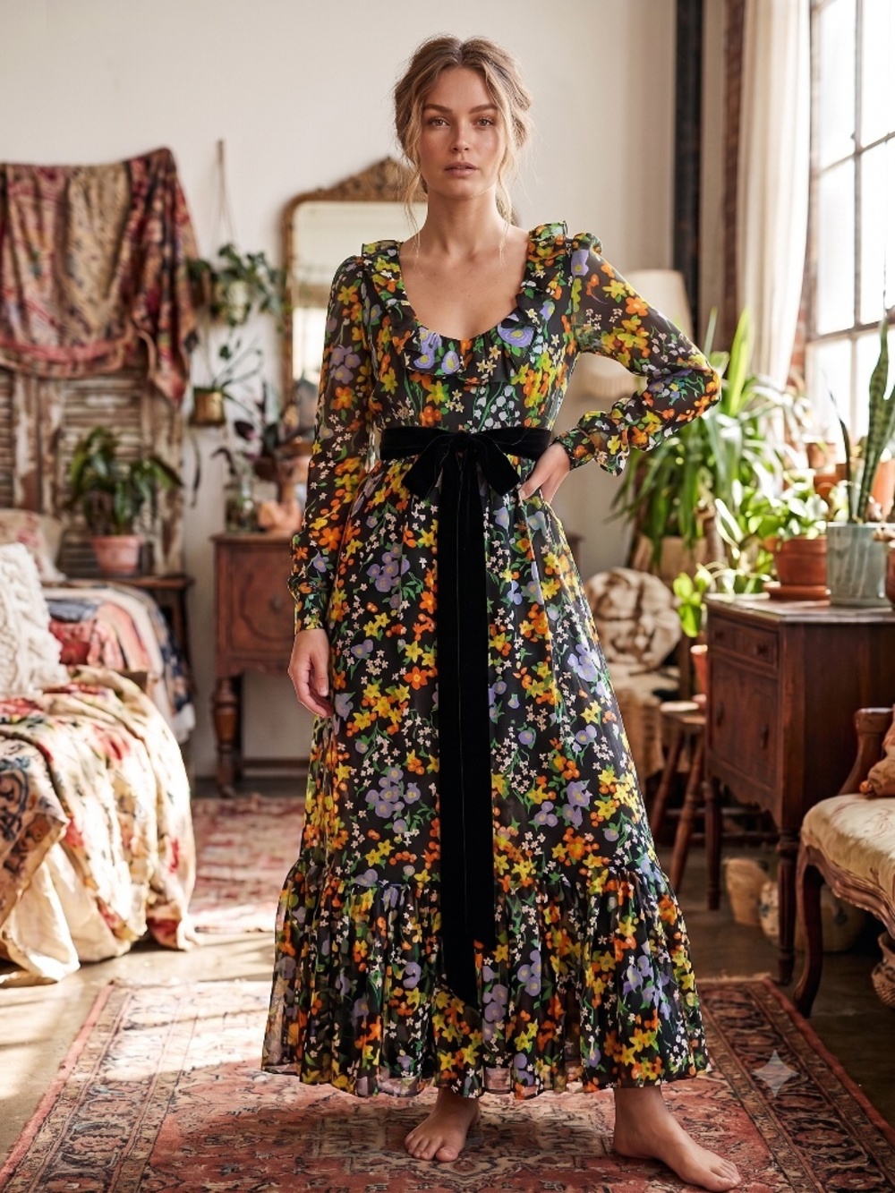 Vintage 1970s Floral Long Sleeve Maxi Dress with ribbon Waist Tie